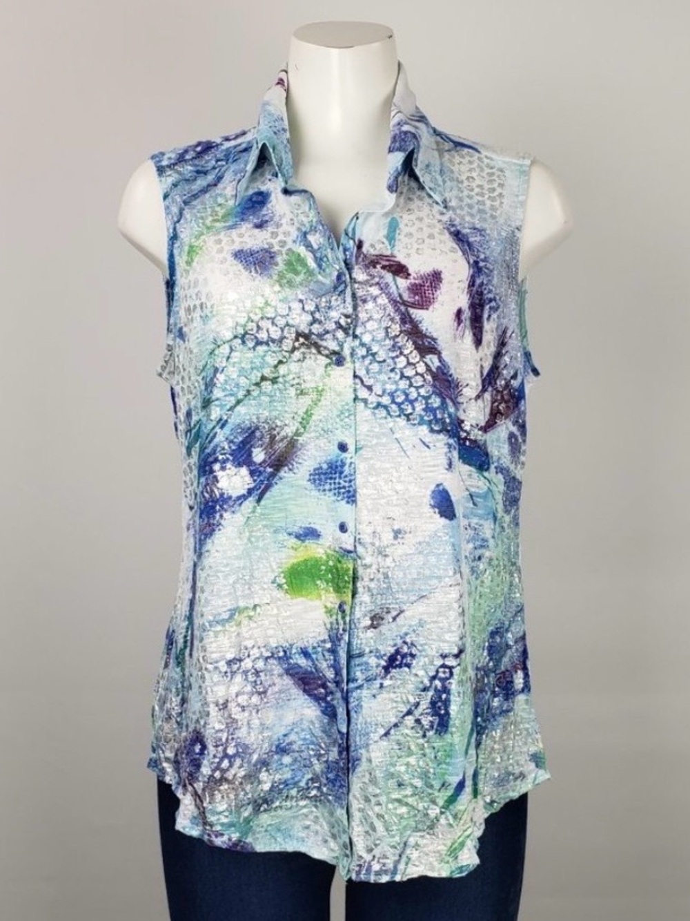 DAVID CLINE Top Blu Green Purple Collar Slveless Unique Silver Accents Sz L XL